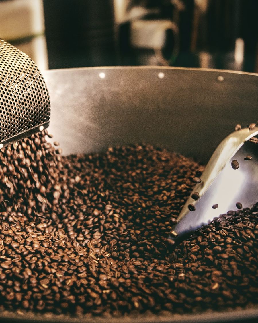 A metal scoop turning freshly roasted coffee beans in the cooling tray